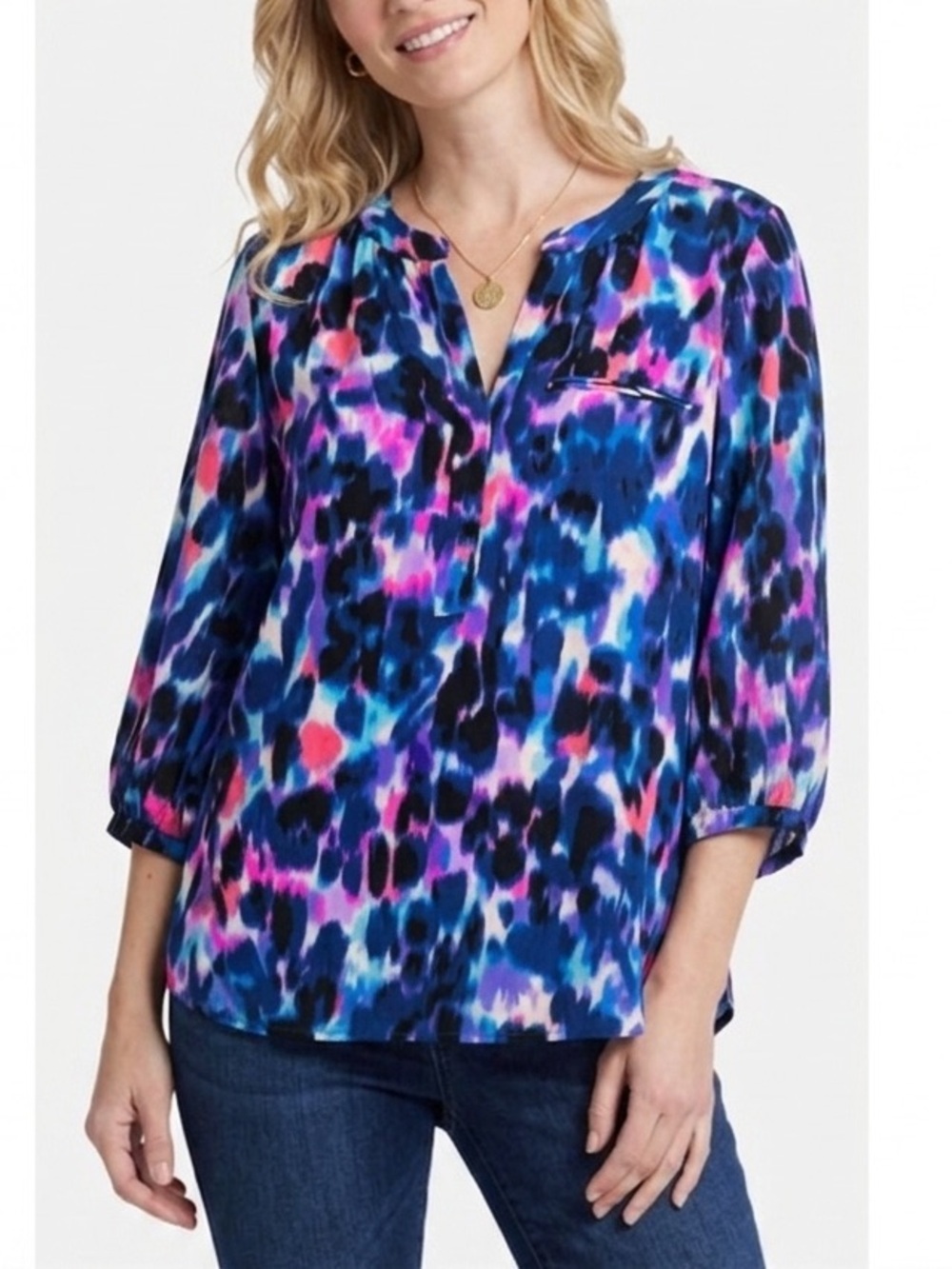 NYDJ NEW Abstract Watercolor Pintuck 2X Button Print Pleats Blouse Top Crew Puff